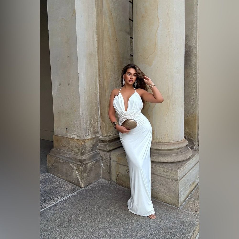 Sabrina Hardware Cowl Neck Maxi Dress - White